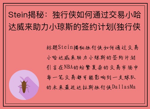 Stein揭秘：独行侠如何通过交易小哈达威来助力小琼斯的签约计划(独行侠 哈达威)