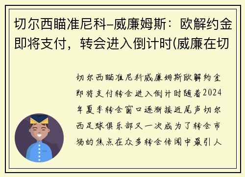 切尔西瞄准尼科-威廉姆斯：欧解约金即将支付，转会进入倒计时(威廉在切尔西号码)